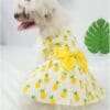 Dog wearing pineapple dress with yellow bow.