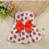 Strawberry-patterned dress with large red bow.