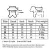 Pet clothing size chart with measurements.