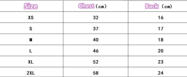 Size chart with chest and back measurements.